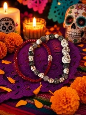 Día de los Muertos Red Skull Bead Bracelet 9”